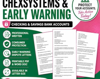 May include: A digital download graphic with the text "CHEXSYSTEMS & EARLY WARNING" and "CHECKING & SAVINGS BANK ACCOUNTS". The image includes icons for professional writing, consumer protection, and dispute letters. It also states "3 DISPUTE LETTERS INCLUDED!"