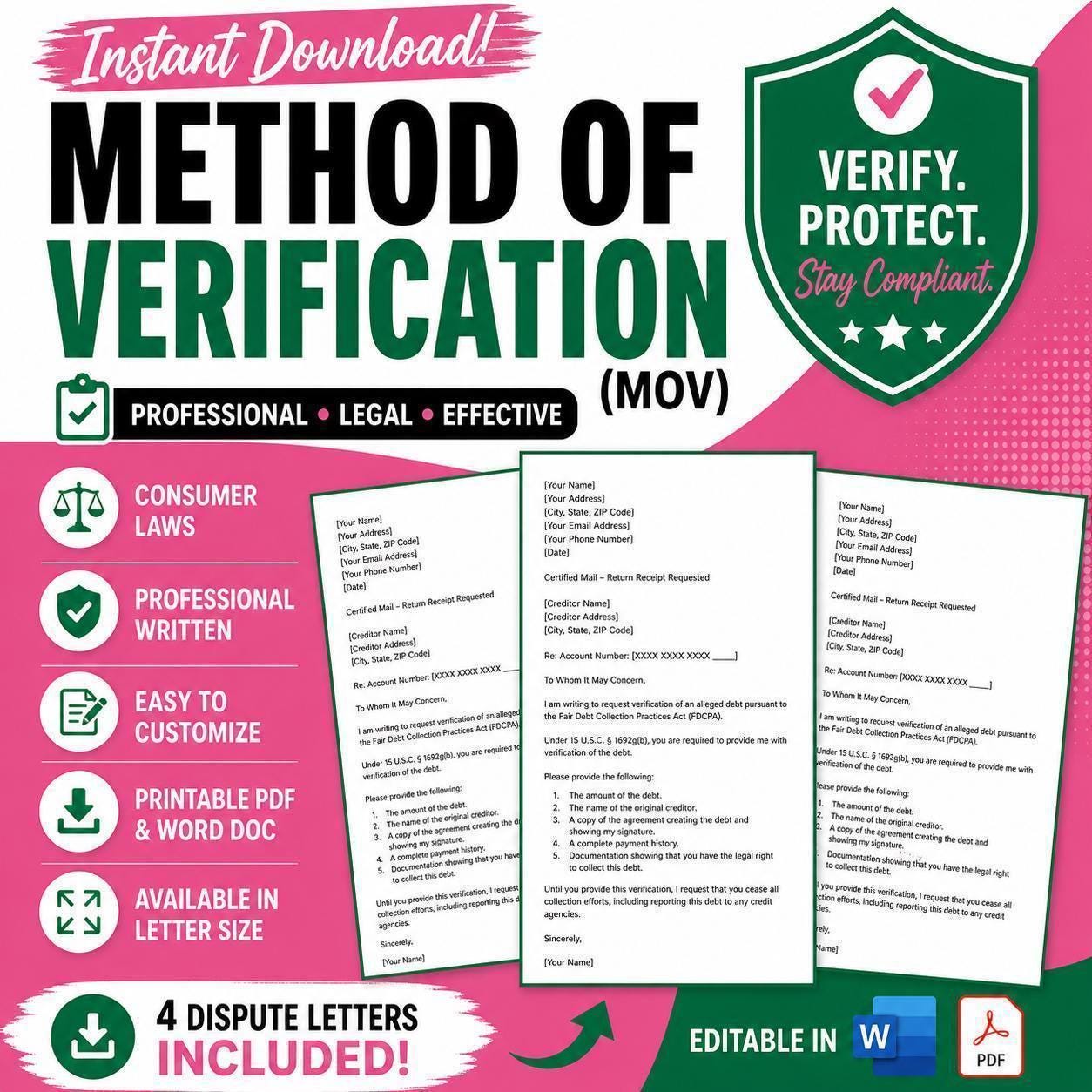 MOV Credit Dispute Letter Template: FCRA 611, Verified Debt (PDF & Word ...