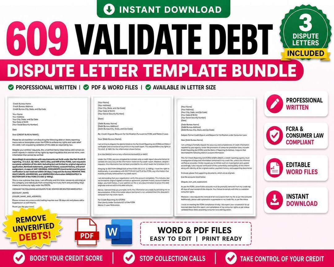 609 Debt Dispute Letter Template Bundle DIY Credit Repair (PDF & Word