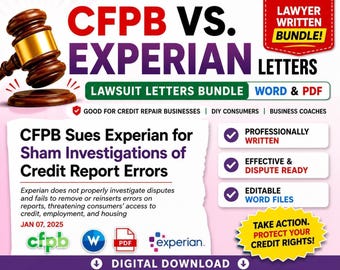 May include: A digital download graphic with the text "CFPB vs. Experian Letters" and "Lawsuit Letters Bundle." The image includes a gavel, and lists features such as professionally written and editable word files. It also includes the text "Take Action. Protect Your Credit Rights!"