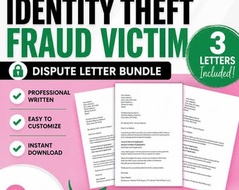 Può includere: Una grafica rosa e bianca con le parole "PROFESSIONALE FURTO D'IDENTITÀ VITTIMA DELLA FRODE" in nero e verde. L'immagine include un "DISPUTA LETTER BUNDLE" e tre lettere. L'immagine dice anche "SCRITTO PROFESSIONALE", "FACILE DA PERSONALIZZARE" e "DOWNLOAD IMMEDIATO".