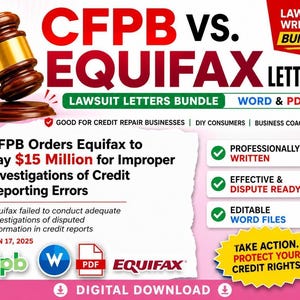 Peut inclure: Une image numérique avec le texte "CFPB vs. Equifax Letters". L'image comprend un maillet et le texte "Lawyer Written Bundle". Elle met en évidence les lettres de poursuite, la réparation du crédit et les droits des consommateurs. Le texte indique également "Professionnellement écrit".