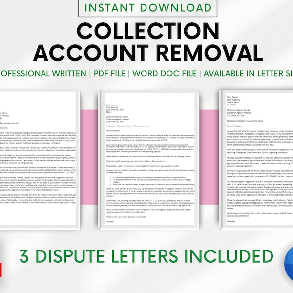 Collection Account Removal | Credit Dispute Letter Template | DIY Credit Repair Fix | Poor Bad Credit | Improve Credit Score | Consumer Laws