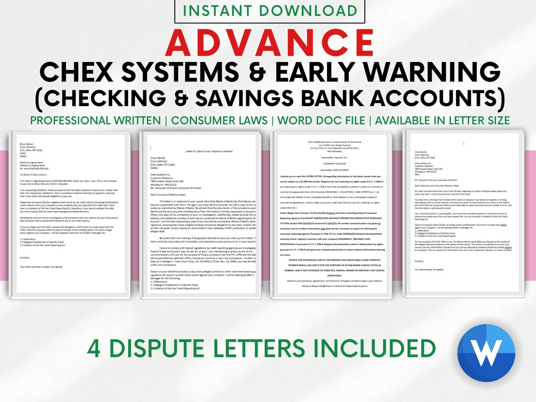 Advance Chex Systems Letter Early Warning Credit Dispute Letters