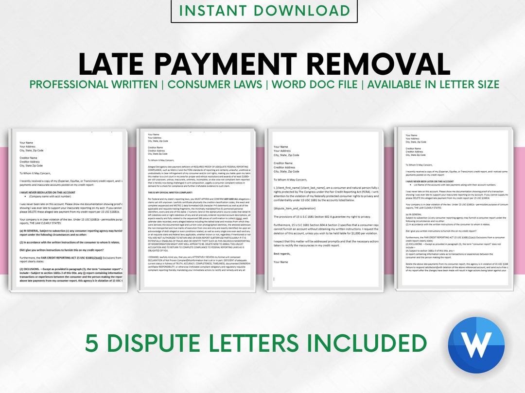 Late Payment Removal Deletion Dispute Letter DIY Credit Repair Template Poor Bad Credit Debt