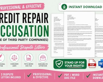 May include: A digital download graphic with the text "CREDIT REPAIR ACCUSATION" in black and green, with the words "Professional & Effective" in pink. Includes icons for professional written, consumer laws, PDF & Word Doc file, and available in letter size.