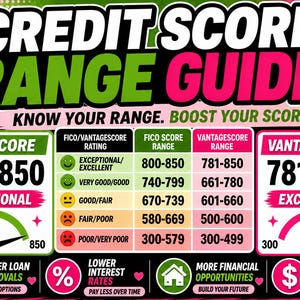 The image is a colorful and informative credit score range guide, providing information on FICO scores and their corresponding ranges. It includes various credit score ranges, such as 800-850, 781-850, 781-850, 781-850, and 781-850, along with corresponding scores. The guide also includes tips on how to improve one's credit score, such as paying bills on time, reducing debt, and maintaining a good credit history.