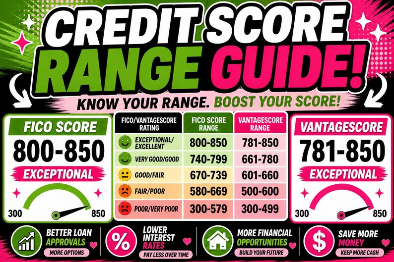 The image is a colorful and informative credit score range guide, providing information on FICO scores and their corresponding ranges. It includes various credit score ranges, such as 800-850, 781-850, 781-850, 781-850, and 781-850, along with corresponding scores. The guide also includes tips on how to improve one's credit score, such as paying bills on time, reducing debt, and maintaining a good credit history.
