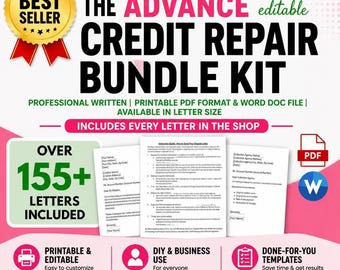 Puede incluir: Un kit digital de reparación de crédito con más de 155 cartas, disponible para descarga instantánea. El kit incluye archivos PDF y Word Doc imprimibles, y está diseñado para uso DIY y empresarial. La imagen muestra el texto "The Advance Credit Repair Bundle Kit".