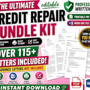 Pode incluir: Um kit de reparação de crédito com o texto "The Ultimate Credit Repair Bundle Kit". O kit inclui mais de 115 cartas, está pronto para imprimir e é fácil de editar. Disponível em formatos PDF e Word Doc.