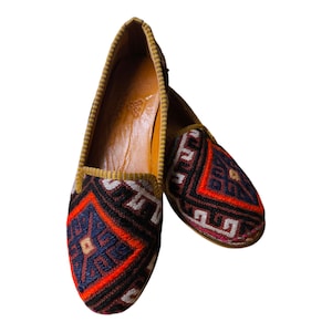 Handmade Kilim Shoes 39 EU 8 US Authentic Vintage Turkish Rug Loafers Leather Sole Lining Unique Boho for Men Ethnic Tribal Style Flats