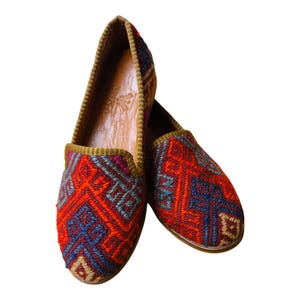 Handmade Kilim Shoes 37 EU 7 US Authentic Vintage Turkish Rug Loafers Leather Sole Lining Unique Boho for Men Ethnic Tribal Style Flats