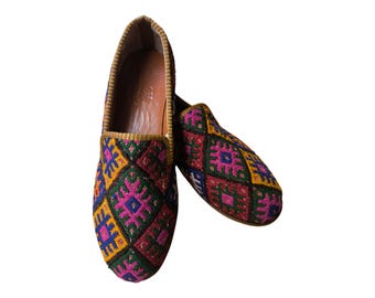 Handmade Kilim Shoes 45 EU 12 US Authentic Vintage Turkish Rug Loafers Leather Sole Lining Unique Boho for Men Ethnic Tribal Style Flats