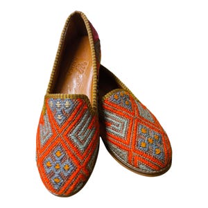Handmade Kilim Shoes 37 EU 7 US Authentic Vintage Turkish Rug Loafers Leather Sole Lining Unique Boho for Men Ethnic Tribal Style Flats