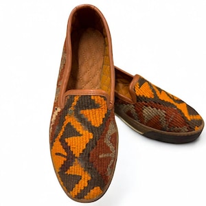 40EU(10US) Leather Sole Loafer Handwoven Vintage Kilim Shoes, Flat, Ethnic, Woman, Anatolian, Handmade Turkish Unique Traditional Authentic