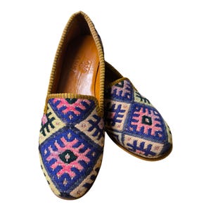 Handmade Kilim Shoes 39 EU 8 US Authentic Vintage Turkish Rug Loafers Leather Sole Lining Unique Boho for Men Ethnic Tribal Style Flats