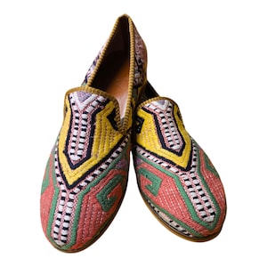 Handmade Special Shoes 46 EU 13 US Authentic Vintage Turkish Rug Loafers Leather Sole Lining Unique Boho for Men Ethnic Tribal Style Flats