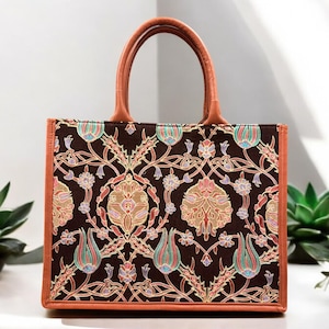 Bolso de hombro de cuero vintage turco hecho a mano Bolso de cachemira tejido a mano con estampado floral naranja para llevar cosas personales Único especial para mujer