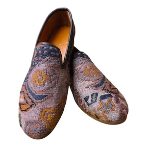 Handmade Kilim Shoes 45 EU 12 US Authentic Vintage Turkish Rug Loafers Leather Sole Lining Unique Boho for Men Ethnic Tribal Style Flats