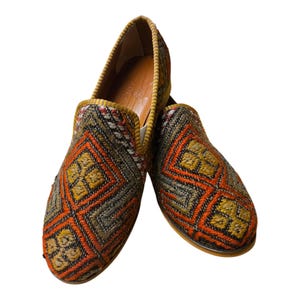 Handmade Kilim Shoes 45 EU 12 US Authentic Vintage Turkish Rug Loafers Leather Sole Lining Unique Boho for Men Ethnic Tribal Style Flats