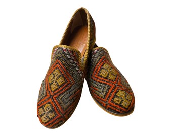 Handmade Kilim Shoes 45 EU 12 US Authentic Vintage Turkish Rug Loafers Leather Sole Lining Unique Boho for Men Ethnic Tribal Style Flats