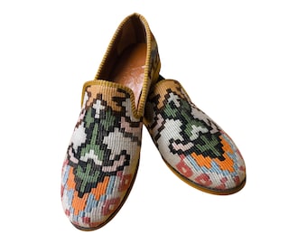 Handmade Kilim Shoes 45 EU 12 US Authentic Vintage Turkish Rug Loafers Leather Sole Lining Unique Boho for Men Ethnic Tribal Style Flats