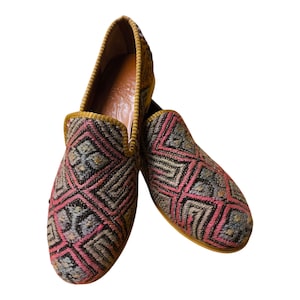 Handmade Special Shoes 46 EU 13 US Authentic Vintage Turkish Rug Loafers Leather Sole Lining Unique Boho for Men Ethnic Tribal Style Flats