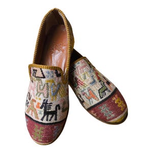 Handmade Kilim Shoes 40 EU 9 US Authentic Vintage Turkish Rug Loafers Leather Sole Lining Unique Boho for Men Ethnic Tribal Style Flats