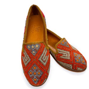 Handmade Kilim Leather Sole Loafers 37 EU Ethnic Embroidered rug Casual Boho Style Genuine Unisex Vintage Unique Handwoven Shoes