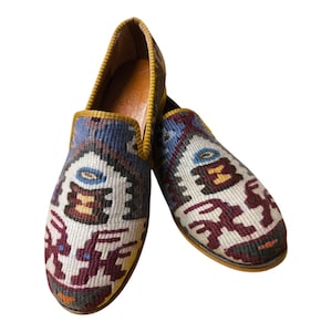 Handmade Kilim Shoes 45 EU 12 US Authentic Vintage Turkish Rug Loafers Leather Sole Lining Unique Boho for Men Ethnic Tribal Style Flats