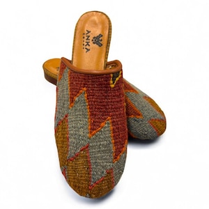 41EU 10.5US Leather Sole Loafer Handwoven Vintage Kilim Shoes, Flat, Ethnic, Woman, Anatolian, Handmade Turkish Unique Traditional Authentic
