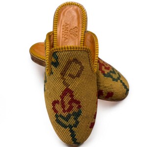 41EU(10.5US) Leather Sole Loafer Handwoven Vintage Kilim Shoes, Flat, Ethnic, Woman, Anatolian, HandmadeTurkish Unique Traditional Authentic