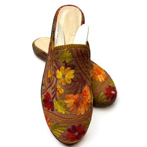 41EU(10.5US) Leather Sole Loafer Handwoven Vintage Cashmere Shoes Flat, Ethnic, Woman Anatolian, Handmade Turkish Unique Traditional Slipper