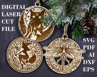 Witch cat ornament svg Set of 3 Halloween ornament svg Yule ornament svg Digital Laser cut GlowForge files  *Not A Physical Product*