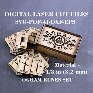 May include: A set of 20 wooden Ogham runes in a wooden box with a Celtic knot design. The runes are 1/8 inch thick and are made of wood. The box is made of wood and has a hinged lid. The runes are labeled with the name of the rune and the corresponding tree.
