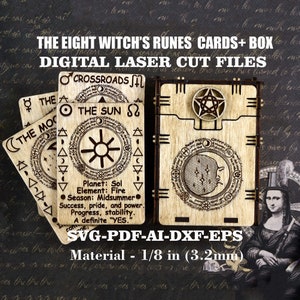 May include: A set of eight witch's rune cards and a box, all laser cut from wood. The cards feature various symbols and text, including "The Sun" and "Crossroads". The box has a star-shaped design on the top. The cards and box are made from 1/8 inch (3.2 mm) thick wood.