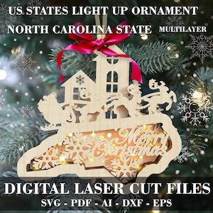 North Carolina State ornament SVG Christmas Light up ornament laser file Multilayer ornament Flying Reindeer & Santa Digital GlowForge file