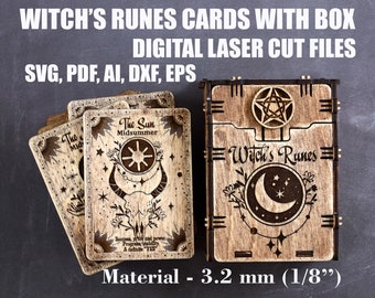 Witch's runes cards Set of 15 pcs with box SVG Witchcraft svg Digital laser cut file GlowForge files Lightburn files Material - 3 mm, 3.2 mm