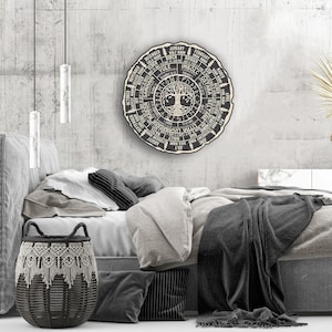 May include: A black and white circular wall hanging with a tree of life design and text around the outside. The text includes the months of the year, the names of trees, and the names of pagan holidays. The wall hanging is hanging on a grey wall above a bed with grey and white bedding.