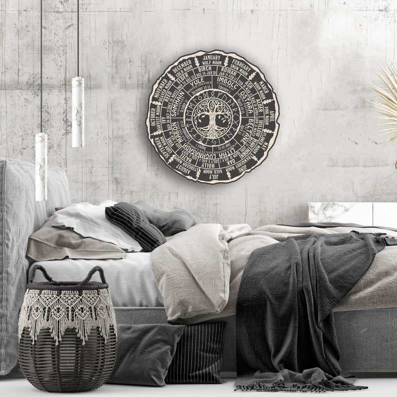 May include: A black and white circular wall hanging with a tree of life design and text around the outside. The text includes the months of the year, the names of trees, and the names of pagan holidays. The wall hanging is hanging on a grey wall above a bed with grey and white bedding.