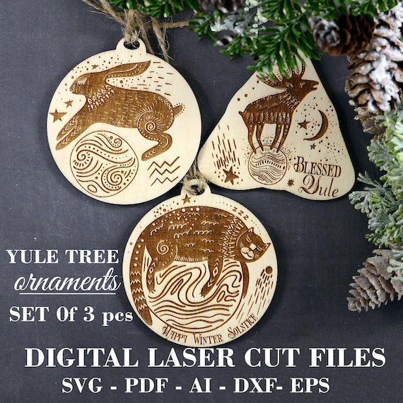 Pagan Yule ornaments SVG Winter Solstice svg Set of 3 Yule cat ornament Elk ornament Hare ornament Digital Laser cut files GlowForge files