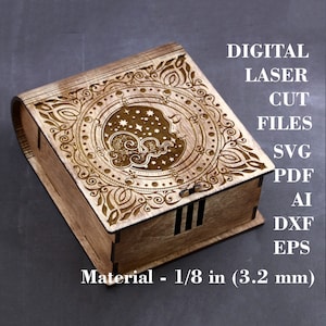 Caja de baratijas de bruja svg Caja de luna Wiccan svg Caja pagana svg Caja de joyería Caja de regalo pequeña Archivos de corte láser digital Archivos GlowForge, M - 3,2 mm, 4 mm
