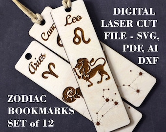 Zodiac bookmarks SVG Set of 12 signs Wood bookmark template Digital laser cut file for CNC Glowforge files