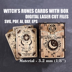 Tarjetas de runas de bruja Conjunto de 15 piezas con caja SVG Witchcraft svg Archivo de corte láser digital Archivos GlowForge Archivos Lightburn Material - 3 mm, 3,2 mm