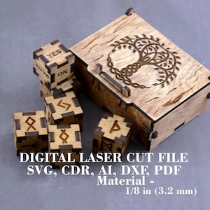 May include: A wooden box with a laser-cut design of a tree of life on the lid. The box contains six wooden dice with various symbols and words, including "YES", "MAYBE", "ON", and runes. The box and dice are made from 1/8 inch (3.2 mm) thick material. DIGITAL LASER CUT FILE SVG, CDR, AI, DXF, PDF
