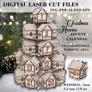 Christmas Houses Advent calendar laser cut file Countdown calendar with snowflake stand and 25 mini boxes GlowForge files Lightburn Xtool