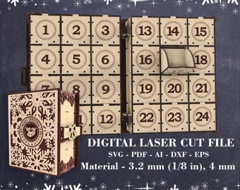 Christmas Advent calendar laser cut file Christmas decor svg GlowForge files Lightburn files Xtool files Material - 3.2 mm (1/8"), 4 mm