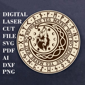 Könnte beinhalten: Ein braunes und weißes kreisförmiges Design mit einem heulenden Wolf in einem Halbmond. Das Design ist von einem Kreis aus Runen umgeben, auf dem die Worte "YES MAYBE WAIT NO REPHRASE" um den Außenrand geschrieben stehen.