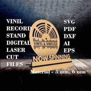 Supporto per dischi in vinile in legno SVG Espositore da tavolo per dischi in formato svg File tagliati al laser digitali File GlowForge File LightBurn Materiale: 5 mm, 6 mm