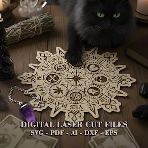 May include: A wooden, circular divination board with engraved symbols and text, including "REPHRASE" and "MAYBE." A black cat with green eyes rests on the board. A purple crystal pendulum and tarot cards are also visible. The text "DIGITAL LASER CUT FILES" is at the bottom.